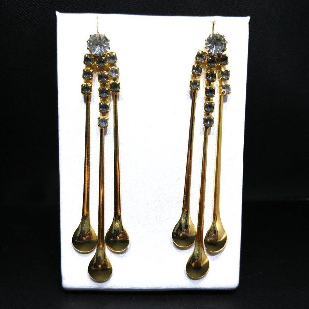 Vintage Long Gray Rhinestone Dangle Earrings, 3 Inches, Long Spoon Shape Posts